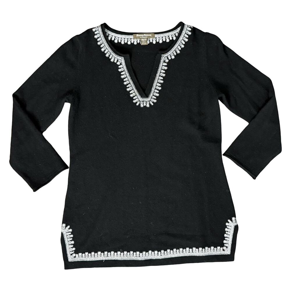 Tommy Bahama Black Cashmere White Pineapple Embroidered Tunic Sweater size XS - Picture 10 of 10